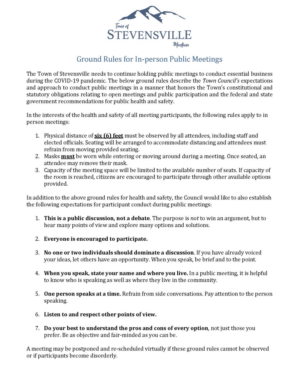 In Person Meetings Reinstated with Groundrules Stevensville Montana